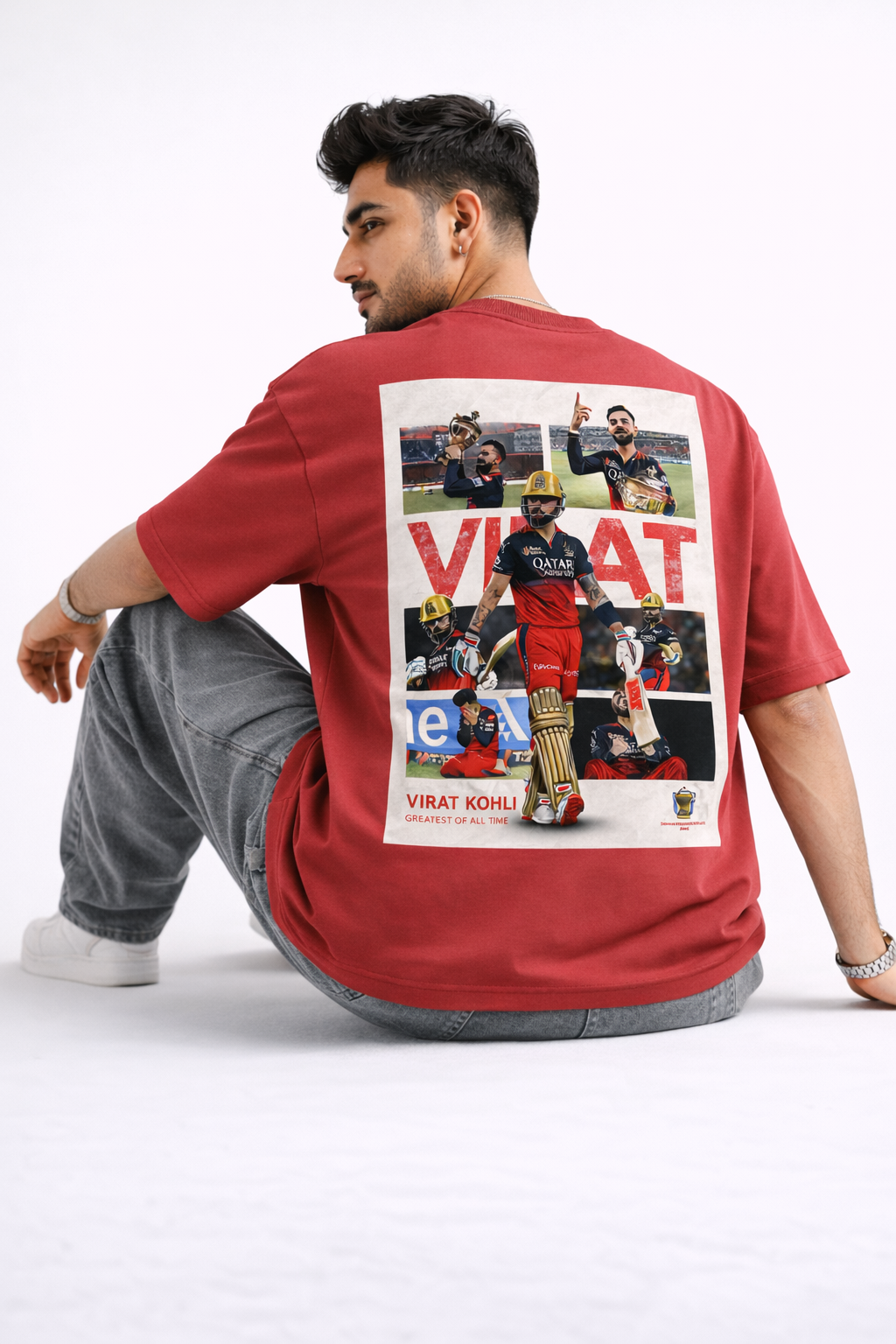 Virat Kohli GOAT Oversized T-Shirt – Red | Greatest Of All Time Graphic Back Print | RCB Fan Edition Streetwear Tee