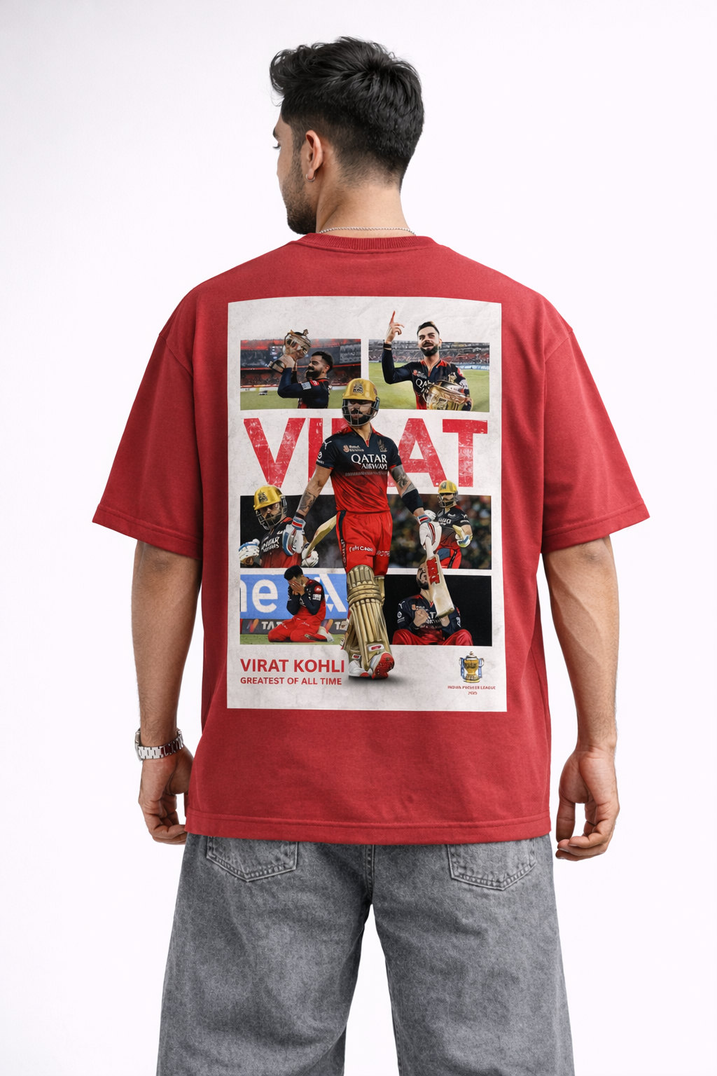 Virat Kohli GOAT Oversized T-Shirt – Red | Greatest Of All Time Graphic Back Print | RCB Fan Edition Streetwear Tee