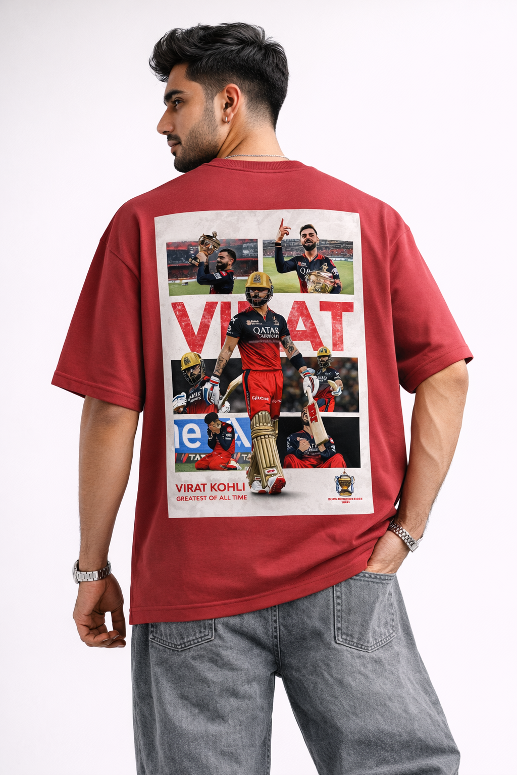 Virat Kohli GOAT Oversized T-Shirt – Red | Greatest Of All Time Graphic Back Print | RCB Fan Edition Streetwear Tee