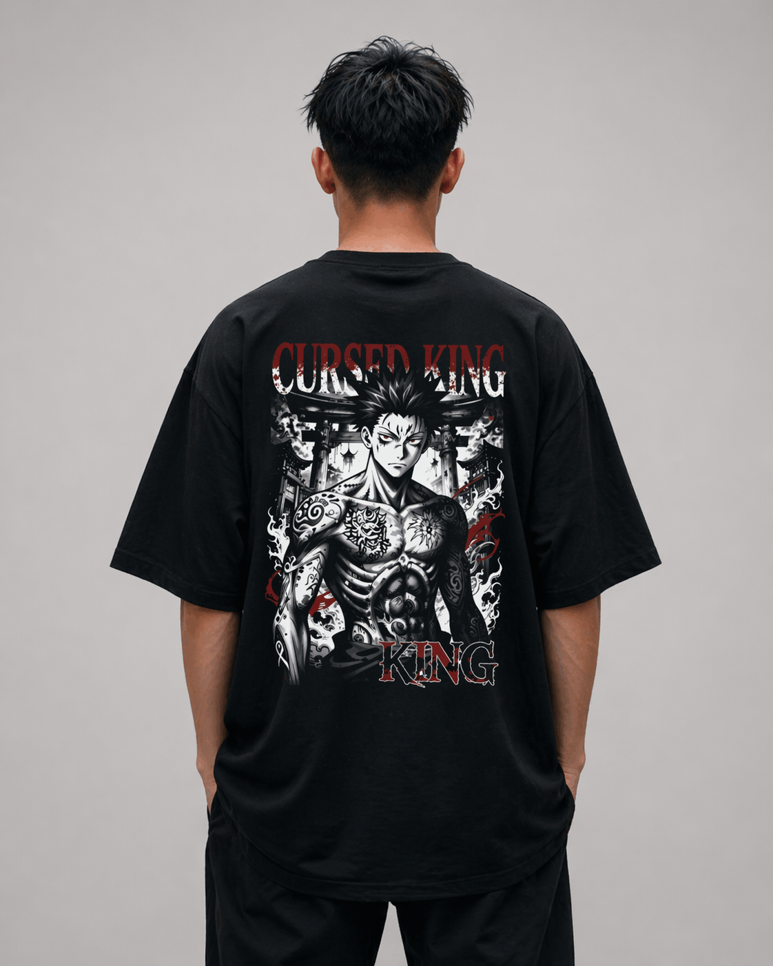 Cursed King Oversized Anime T-Shirt – Dark Anime Streetwear Graphic Tee (Black)