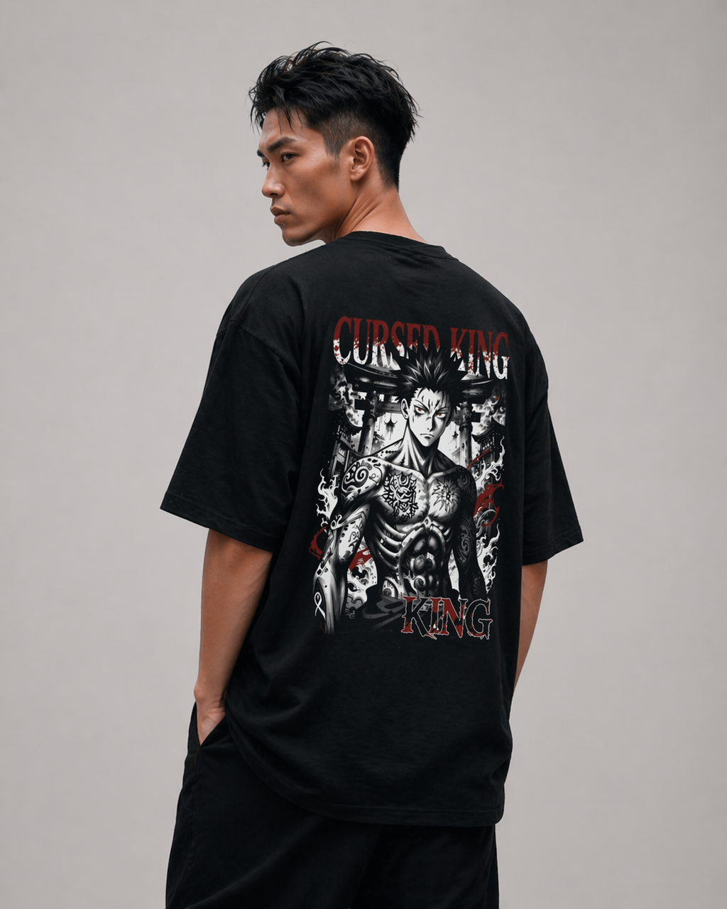 Cursed King Oversized Anime T-Shirt – Dark Anime Streetwear Graphic Tee (Black)