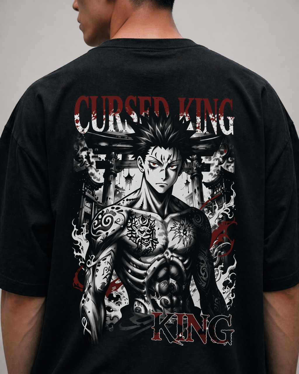 Cursed King Oversized Anime T-Shirt – Dark Anime Streetwear Graphic Tee (Black)