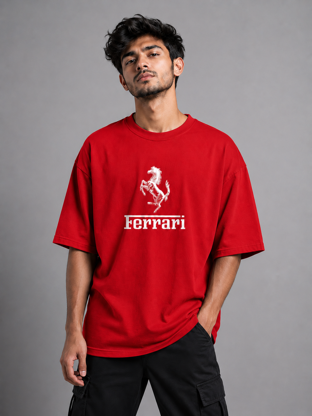 Trendyverse Ferrari Racing Shield Oversized T-Shirt - Red