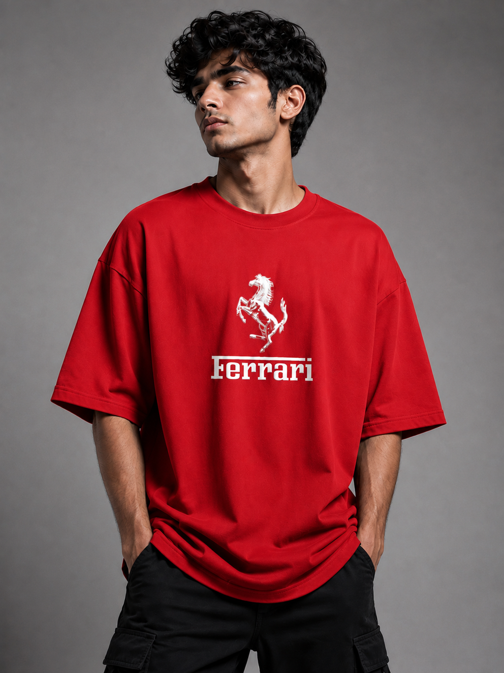 Trendyverse Ferrari Racing Shield Oversized T-Shirt - Red