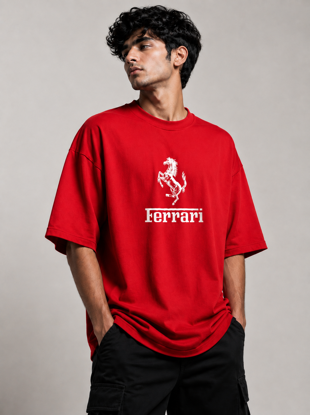 Trendyverse Ferrari Racing Shield Oversized T-Shirt - Red