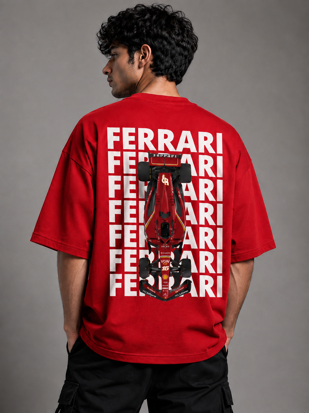 Trendyverse Ferrari Racing Shield Oversized T-Shirt - Red