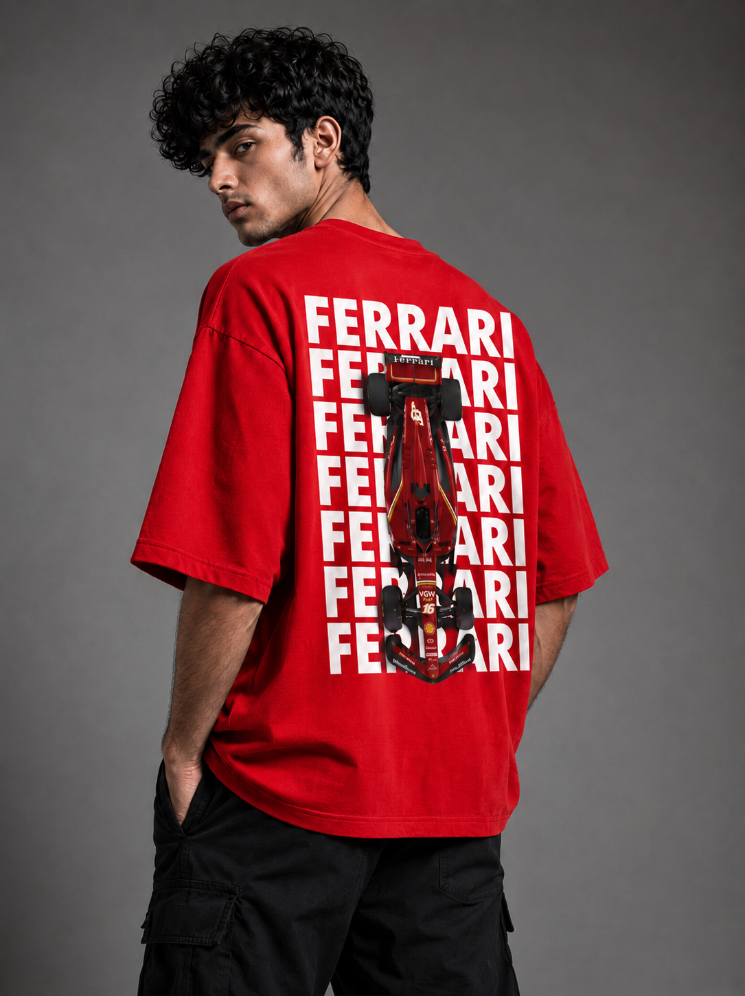 Trendyverse Ferrari Racing Shield Oversized T-Shirt - Red