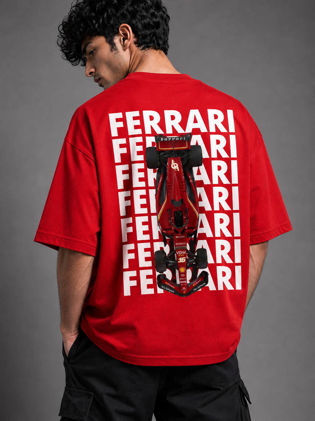 Trendyverse Ferrari Racing Shield Oversized T-Shirt - Red