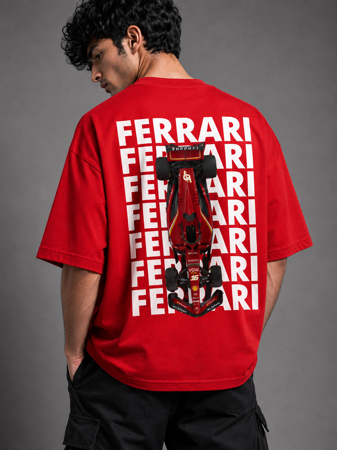 Trendyverse Ferrari Racing Shield Oversized T-Shirt - Red