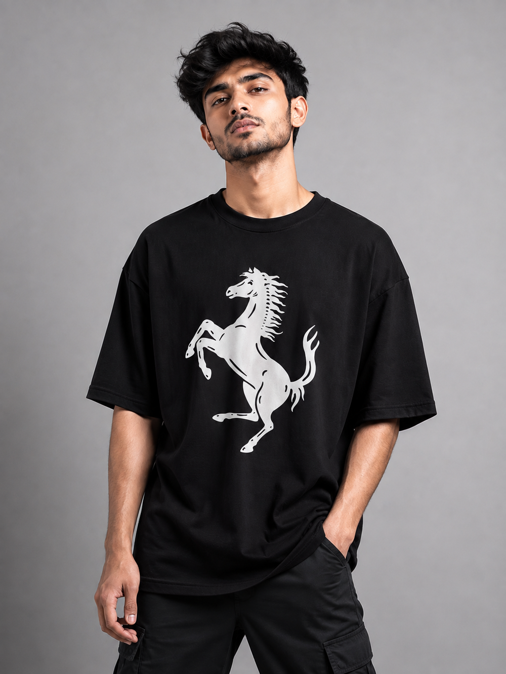 Trendyverse Prancing Stallion Legacy Oversized T-Shirt - Black