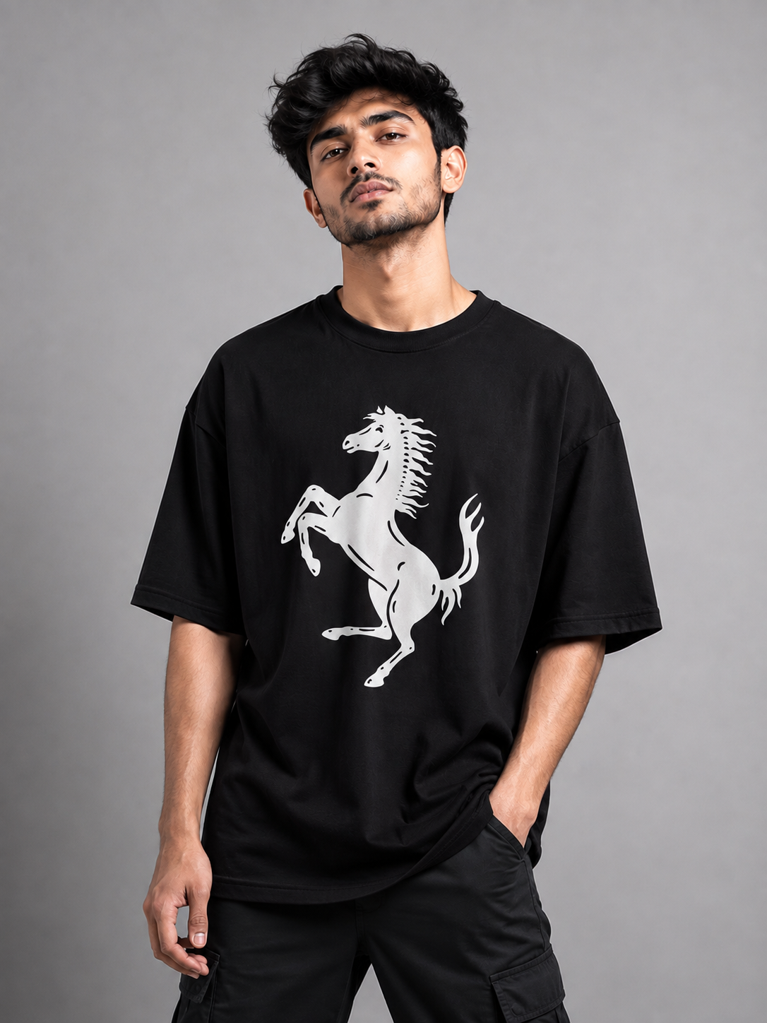 Trendyverse Prancing Stallion Legacy Oversized T-Shirt - Black