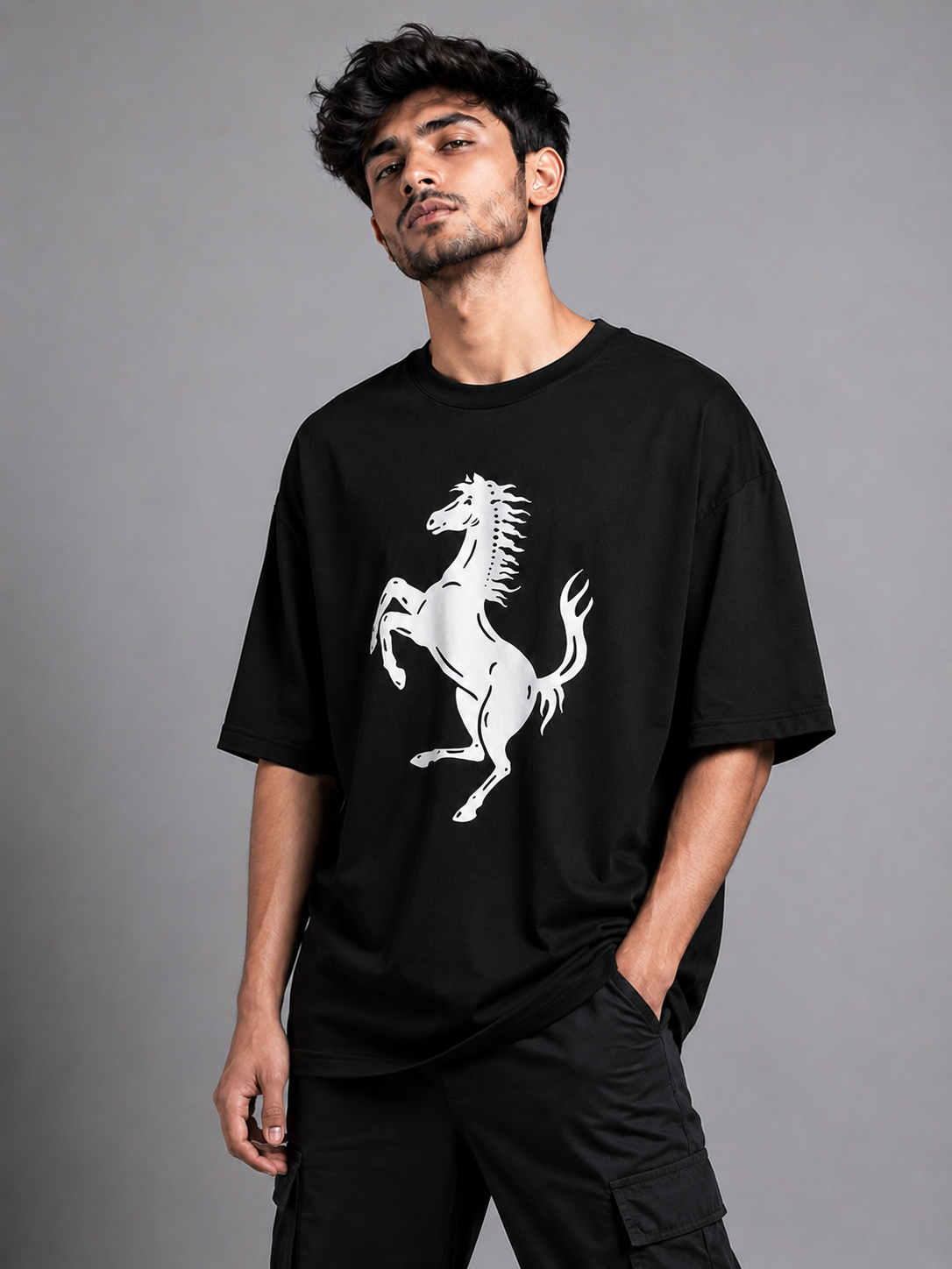 Trendyverse Prancing Stallion Legacy Oversized T-Shirt - Black