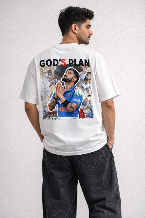 God’s Plan x Virat Kohli Oversized Fit White T-Shirt – Premium Cotton Graphic Tee