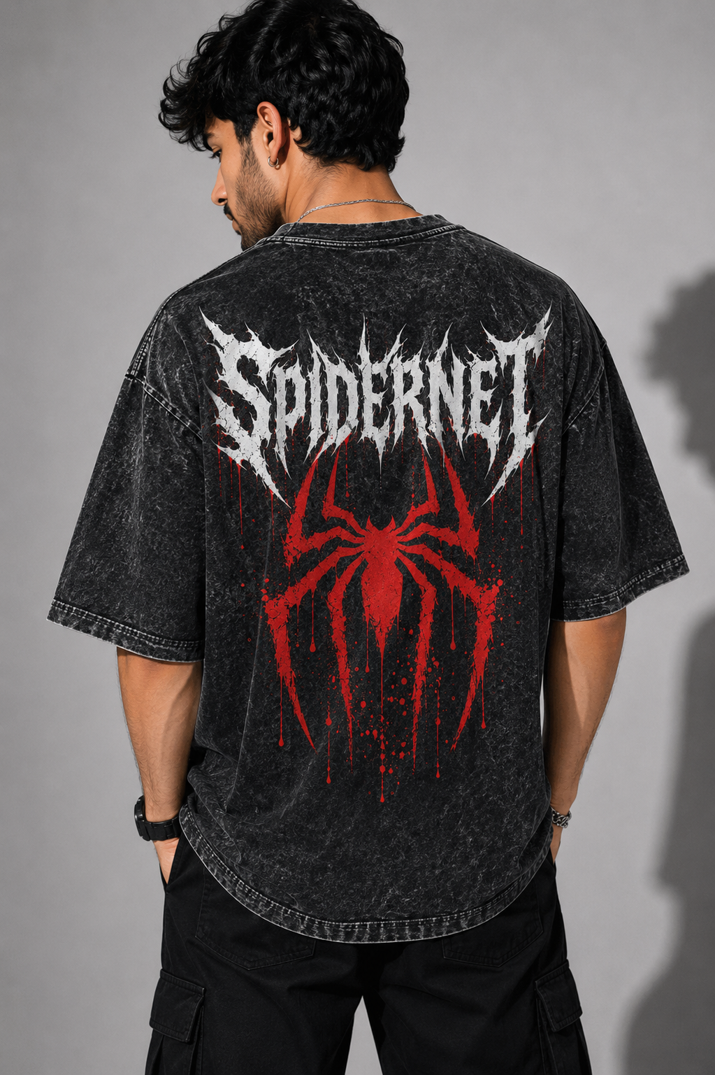 SPIDERNET ACID WASH OVERSIZED T-SHIRT | SPIDER-INSPIRED FAN EDITION | PREMIUM 240 GSM COTTON | BLACK VINTAGE WASH