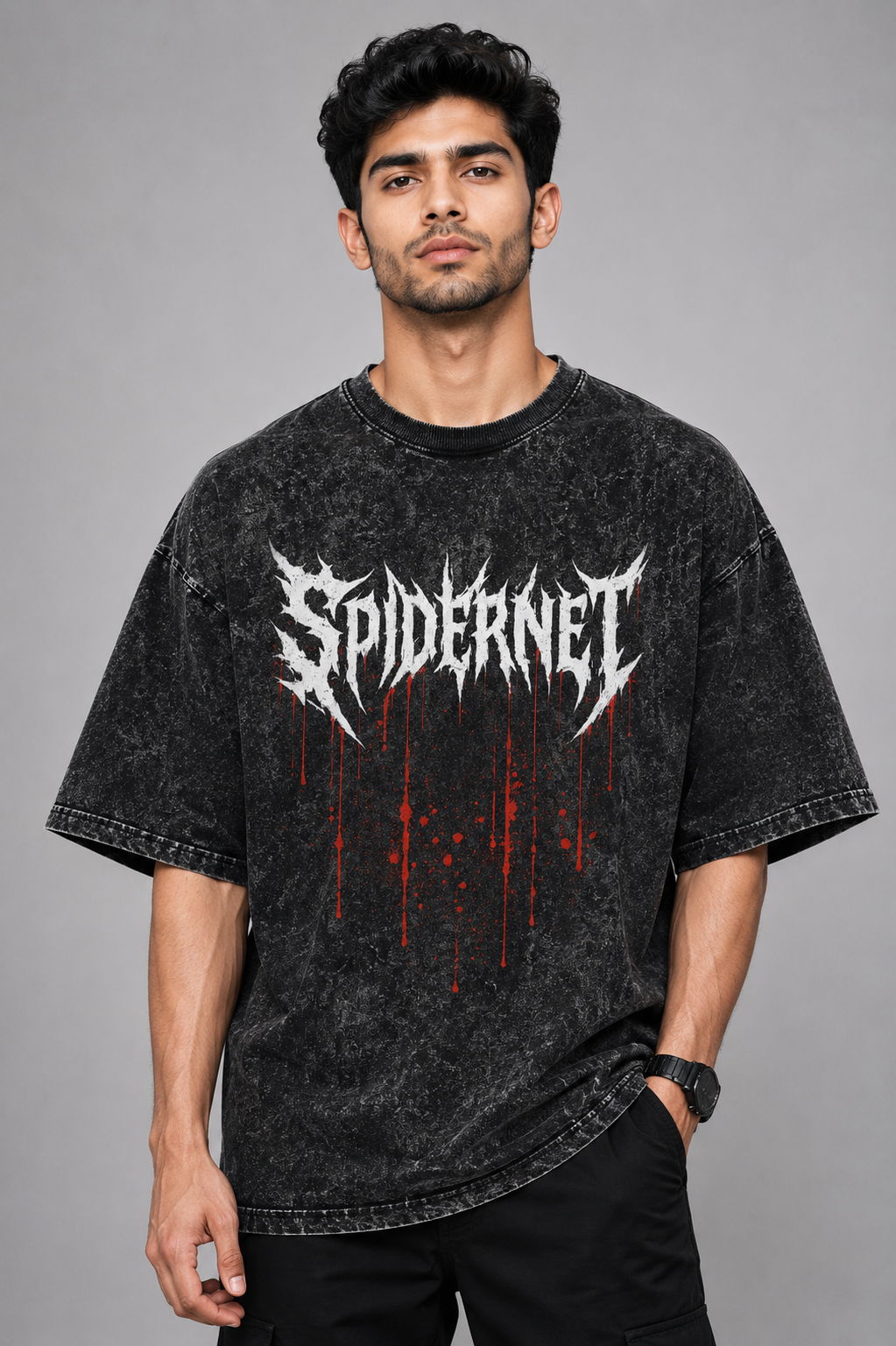 SPIDERNET ACID WASH OVERSIZED T-SHIRT | SPIDER-INSPIRED FAN EDITION | PREMIUM 240 GSM COTTON | BLACK VINTAGE WASH