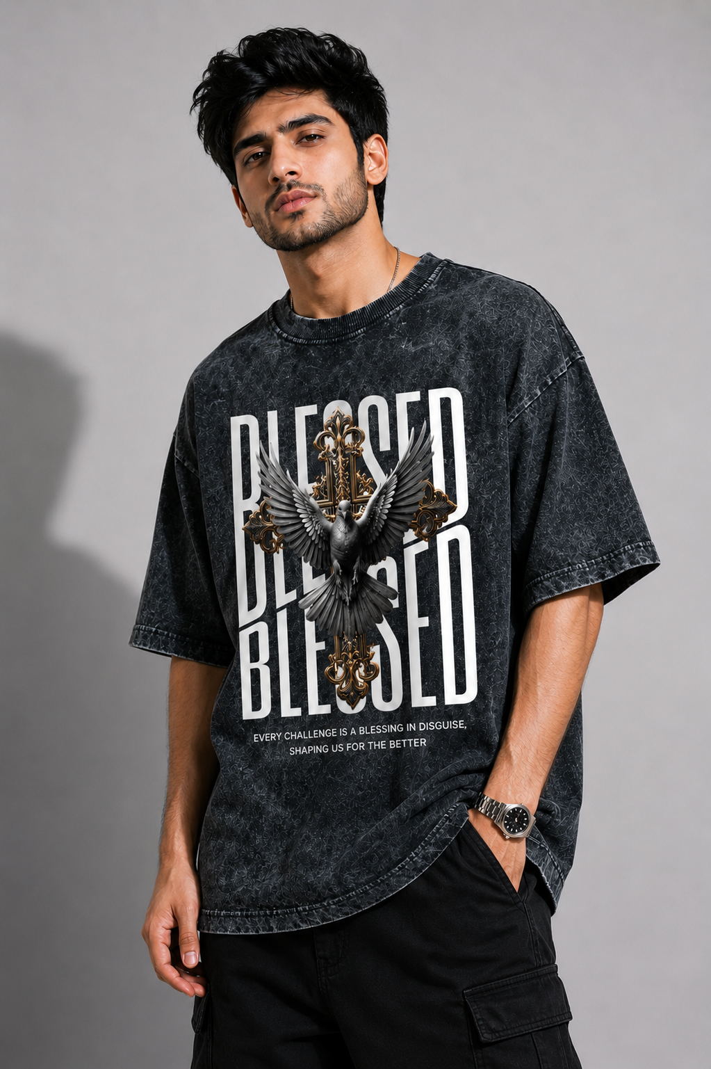 Blessed Dove Acid Wash Oversized T-Shirt – Black | Premium Vintage Streetwear Graphic Tee