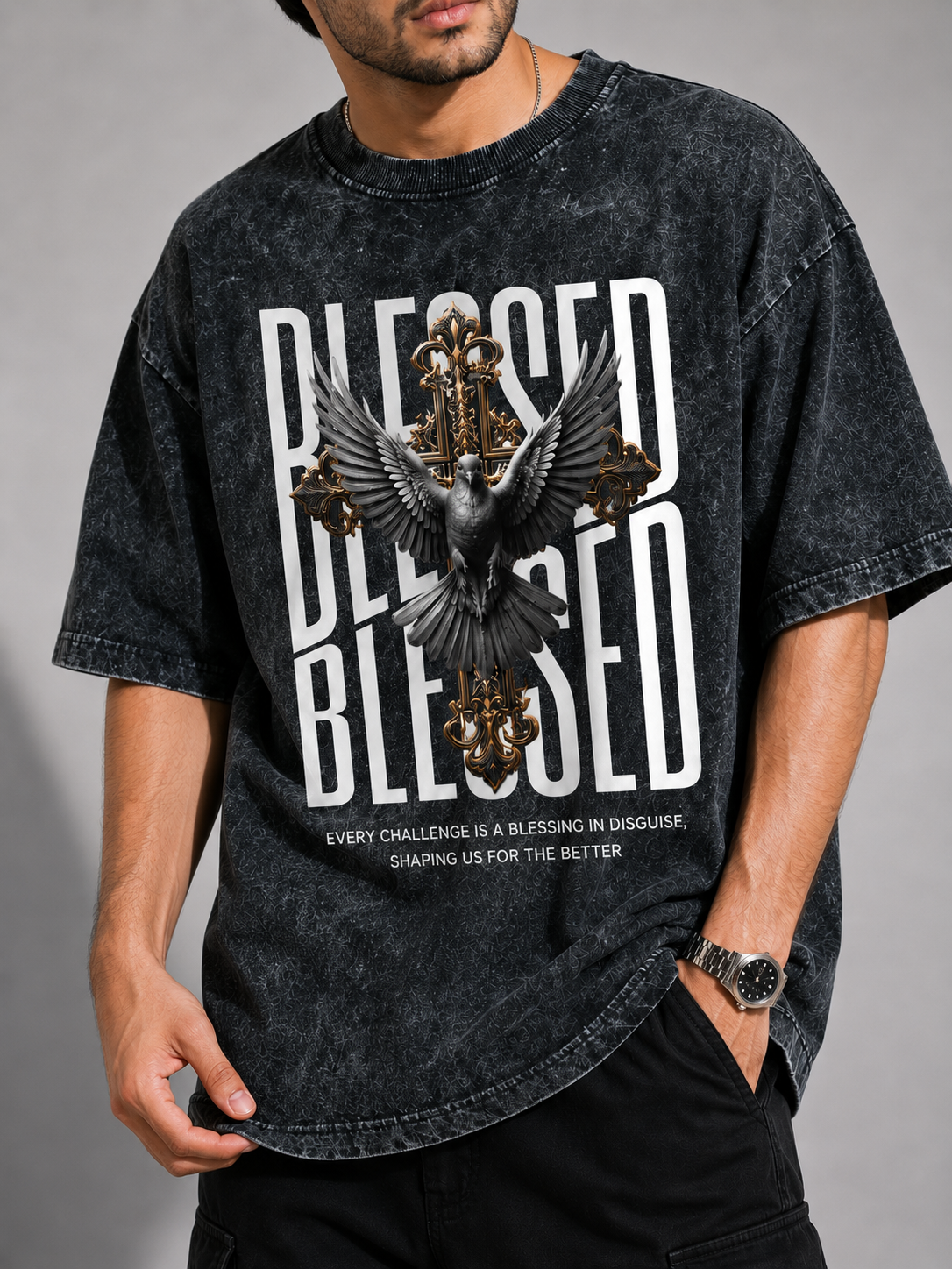 Blessed Dove Acid Wash Oversized T-Shirt – Black | Premium Vintage Streetwear Graphic Tee