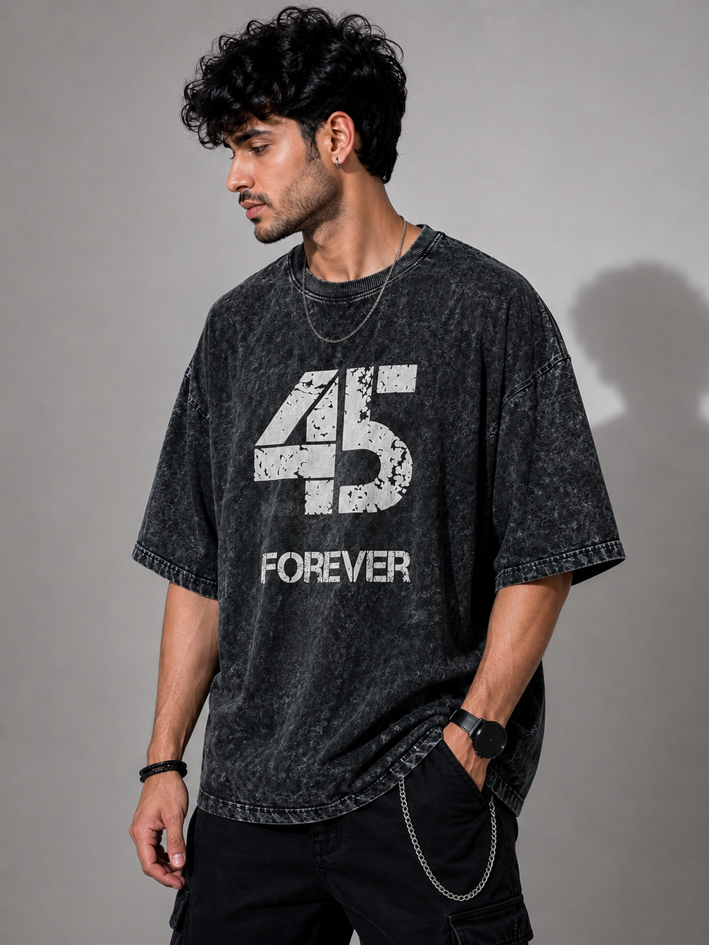 45 Forever Acid Wash Oversized T-Shirt – Black | Vintage Streetwear Graphic Tee for Men & Women