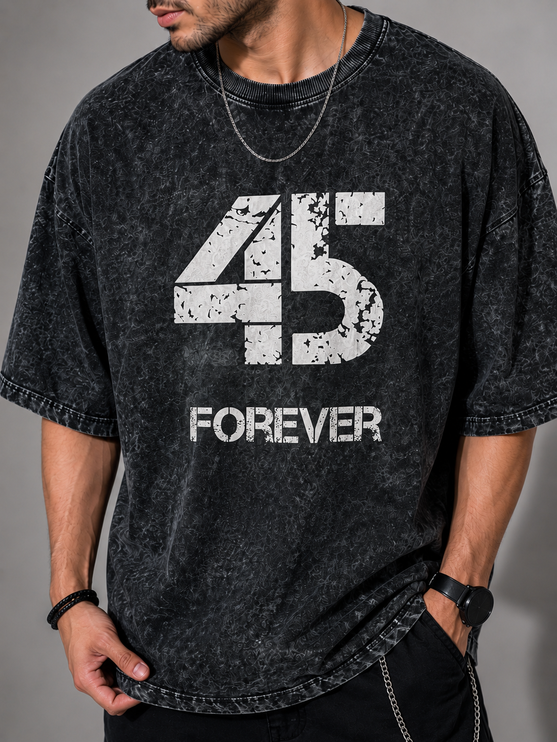45 Forever Acid Wash Oversized T-Shirt – Black | Vintage Streetwear Graphic Tee for Men & Women