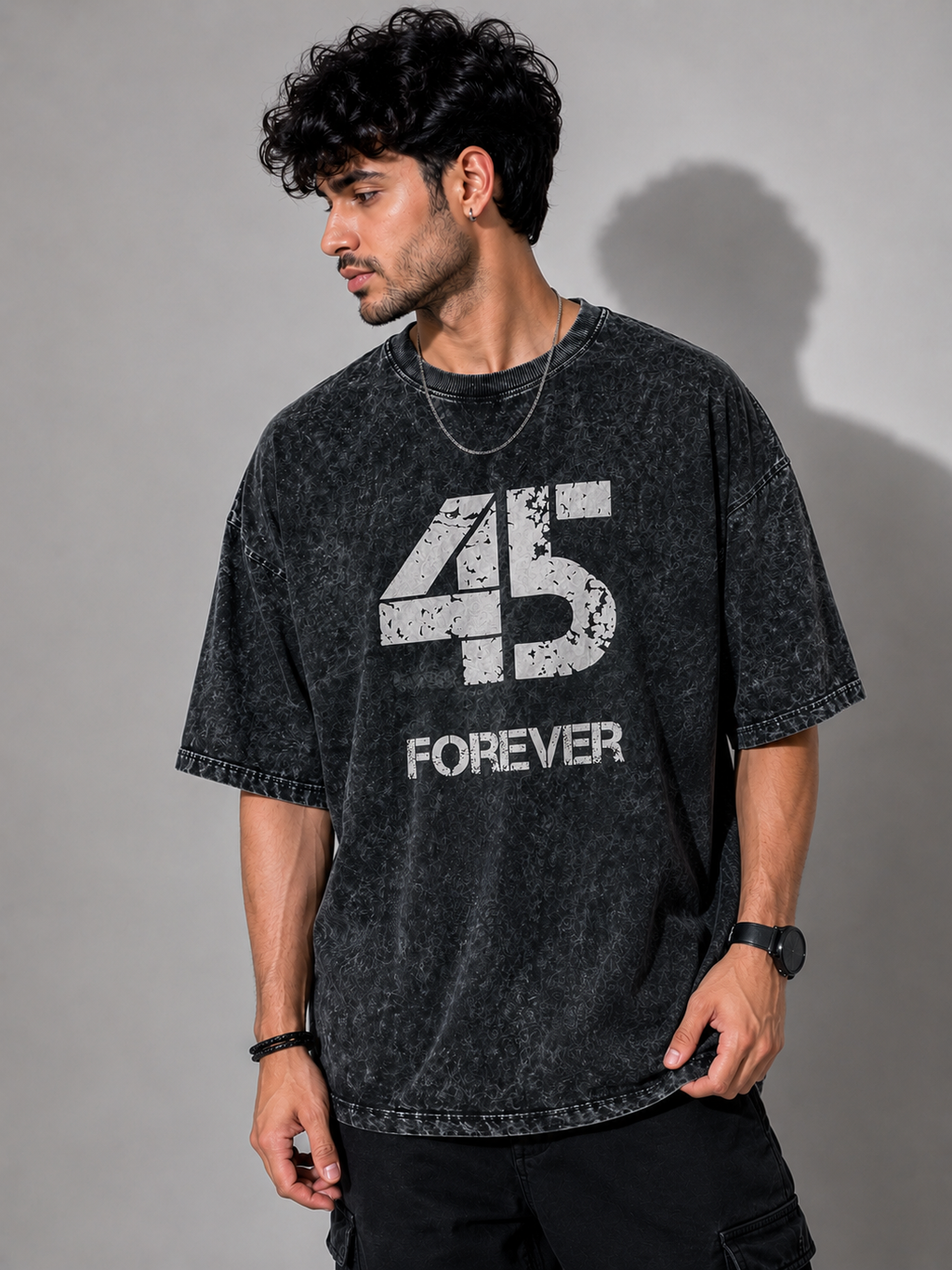 45 Forever Acid Wash Oversized T-Shirt – Black | Vintage Streetwear Graphic Tee for Men & Women