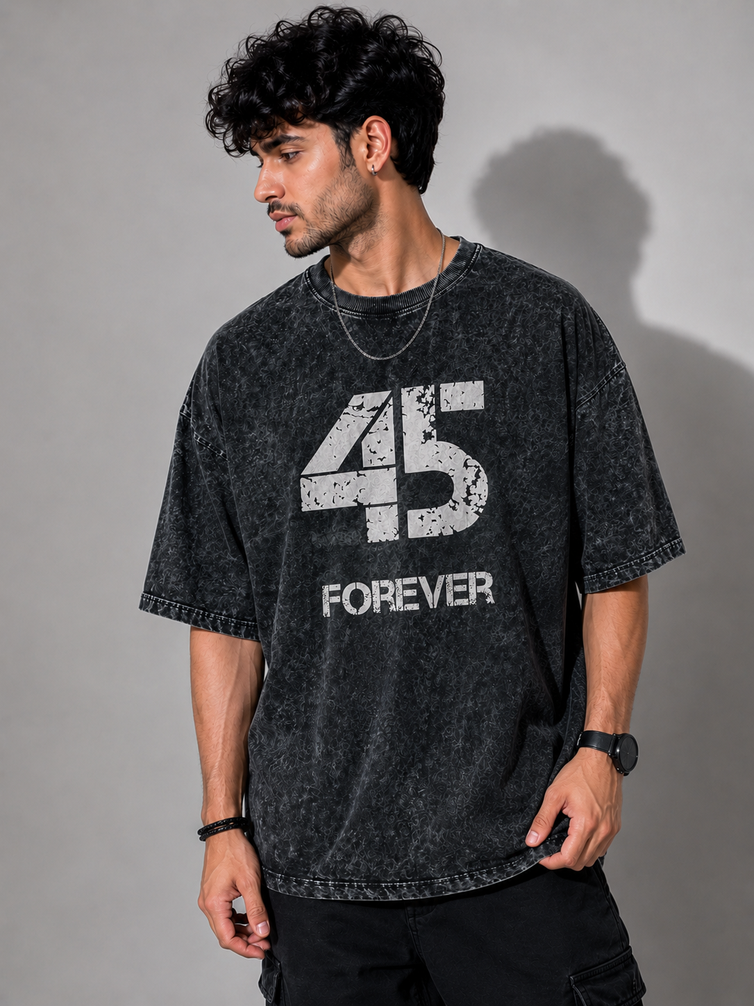 45 Forever Acid Wash Oversized T-Shirt – Black | Vintage Streetwear Graphic Tee for Men & Women