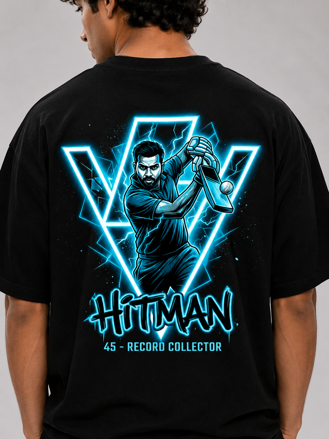 Rohit 45 Hitman Neon Edition Oversized T-Shirt – Black | Mumbai Cricket Fan Streetwear Tee
