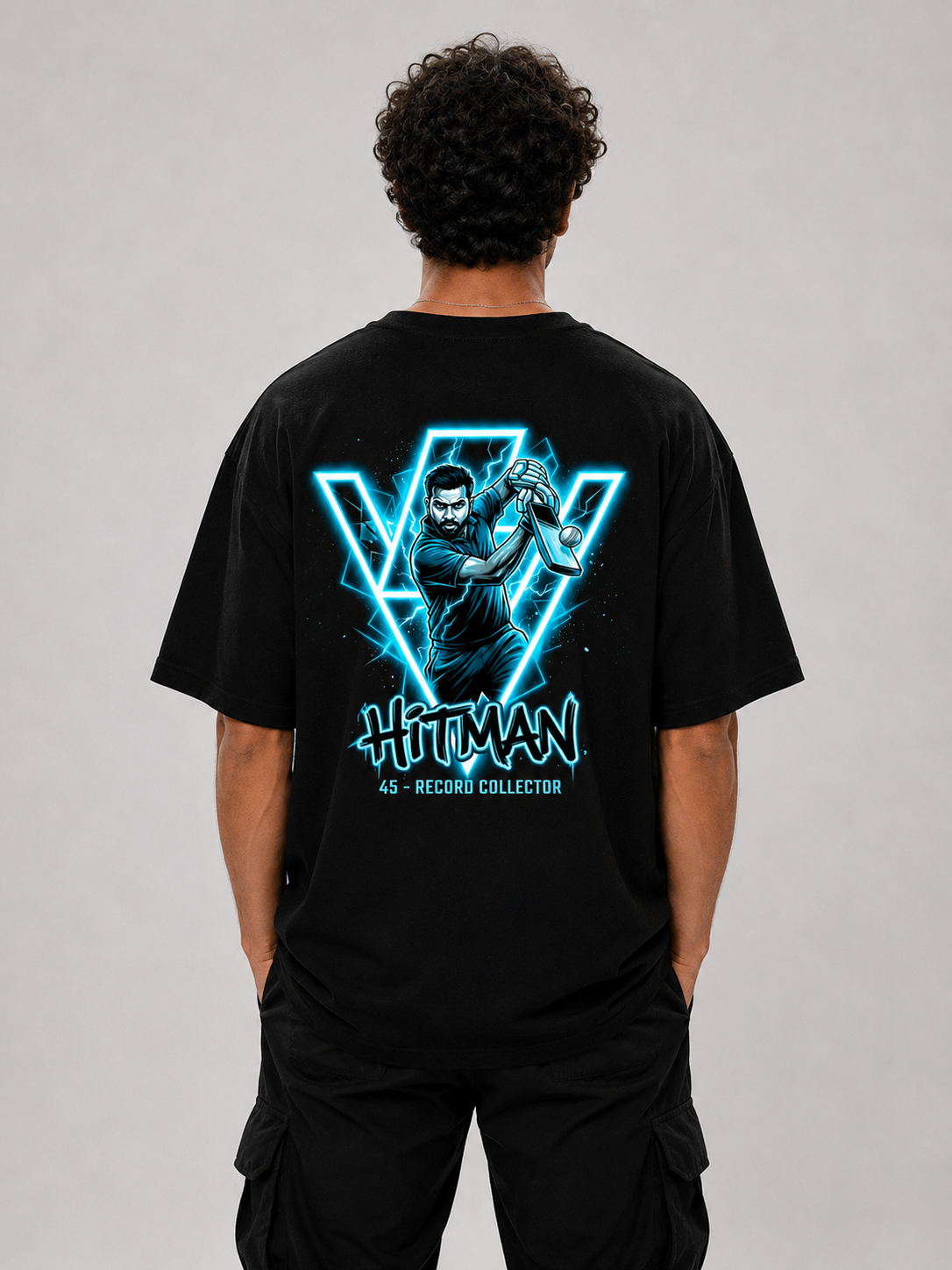 Rohit 45 Hitman Neon Edition Oversized T-Shirt – Black | Mumbai Cricket Fan Streetwear Tee