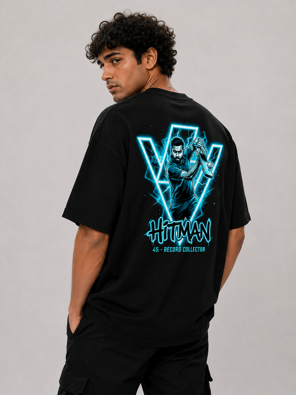 Rohit 45 Hitman Neon Edition Oversized T-Shirt – Black | Mumbai Cricket Fan Streetwear Tee