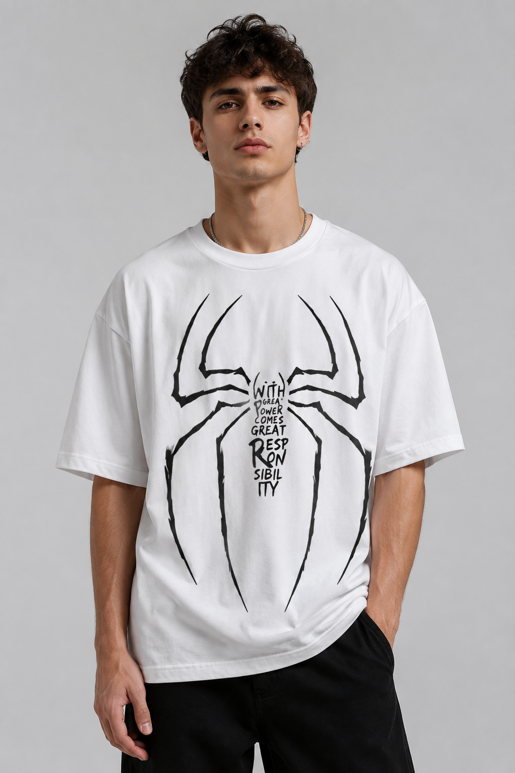 Spider Oversized T-Shirt – White | With Great Power Graphic Tee | Superhero Streetwear Unisex