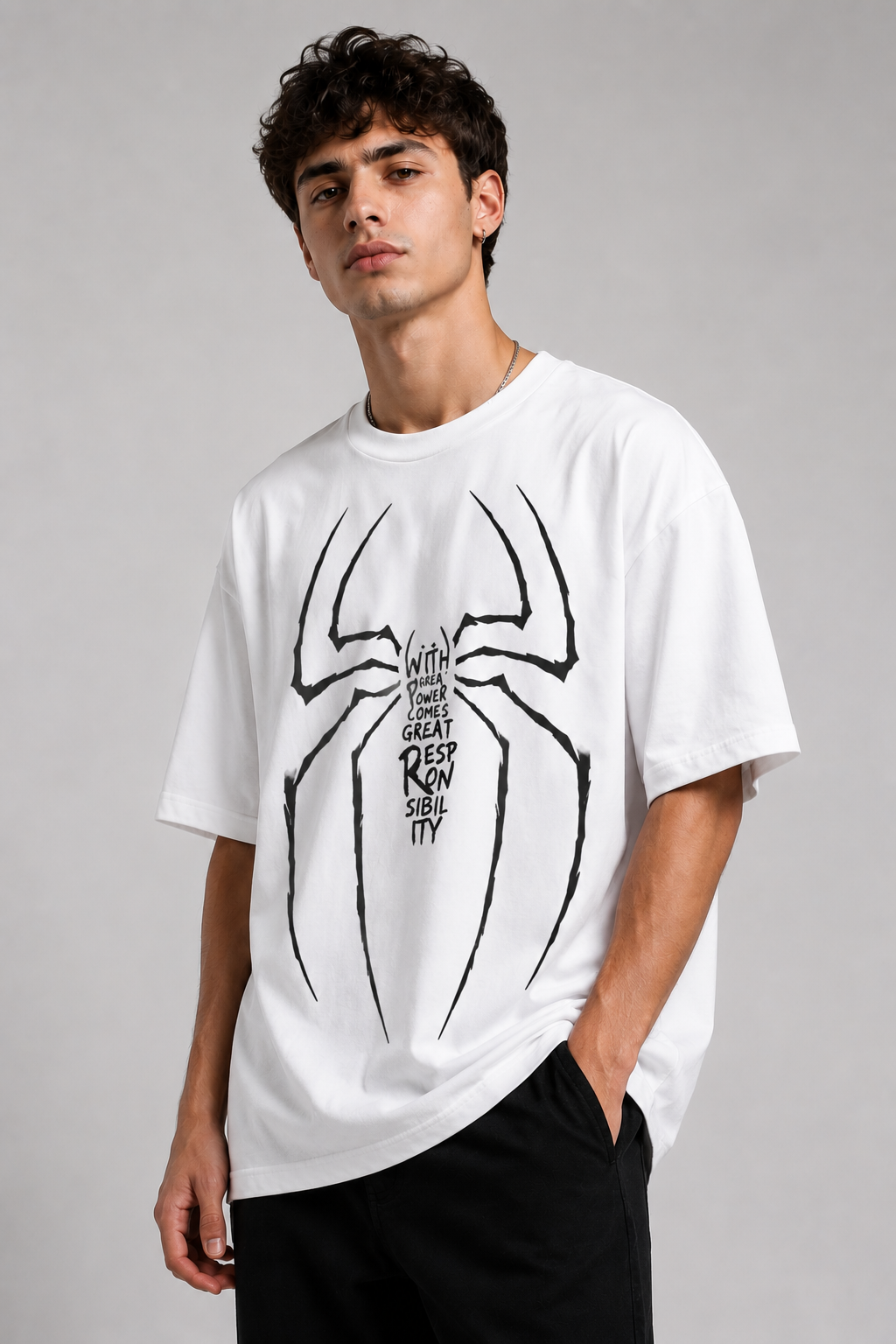 Spider Oversized T-Shirt – White | With Great Power Graphic Tee | Superhero Streetwear Unisex