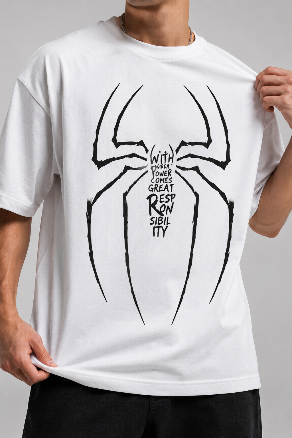 Spider Oversized T-Shirt – White | With Great Power Graphic Tee | Superhero Streetwear Unisex