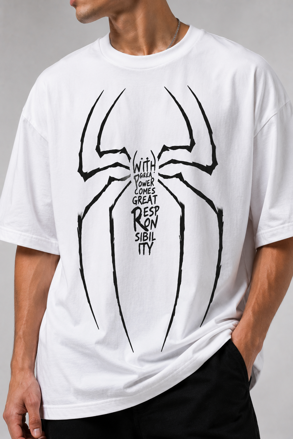 Spider Oversized T-Shirt – White | With Great Power Graphic Tee | Superhero Streetwear Unisex