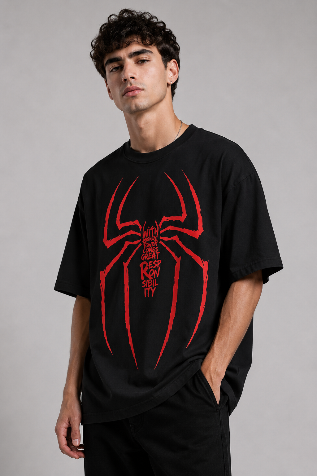 Spider-Man Oversized T-Shirt – Black | With Great Power Graphic Tee | Marvel Inspired Streetwear