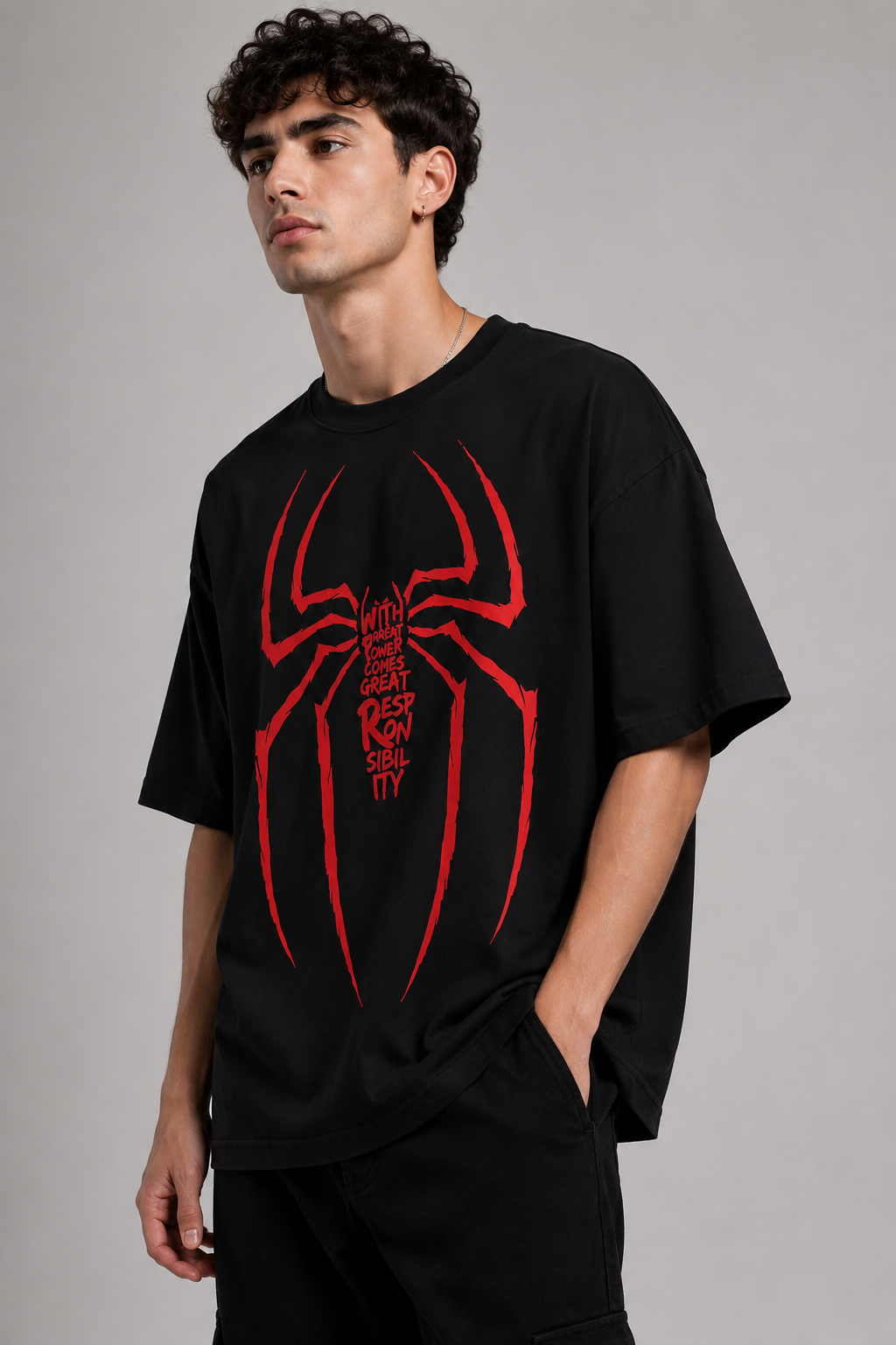 Spider-Man Oversized T-Shirt – Black | With Great Power Graphic Tee | Marvel Inspired Streetwear