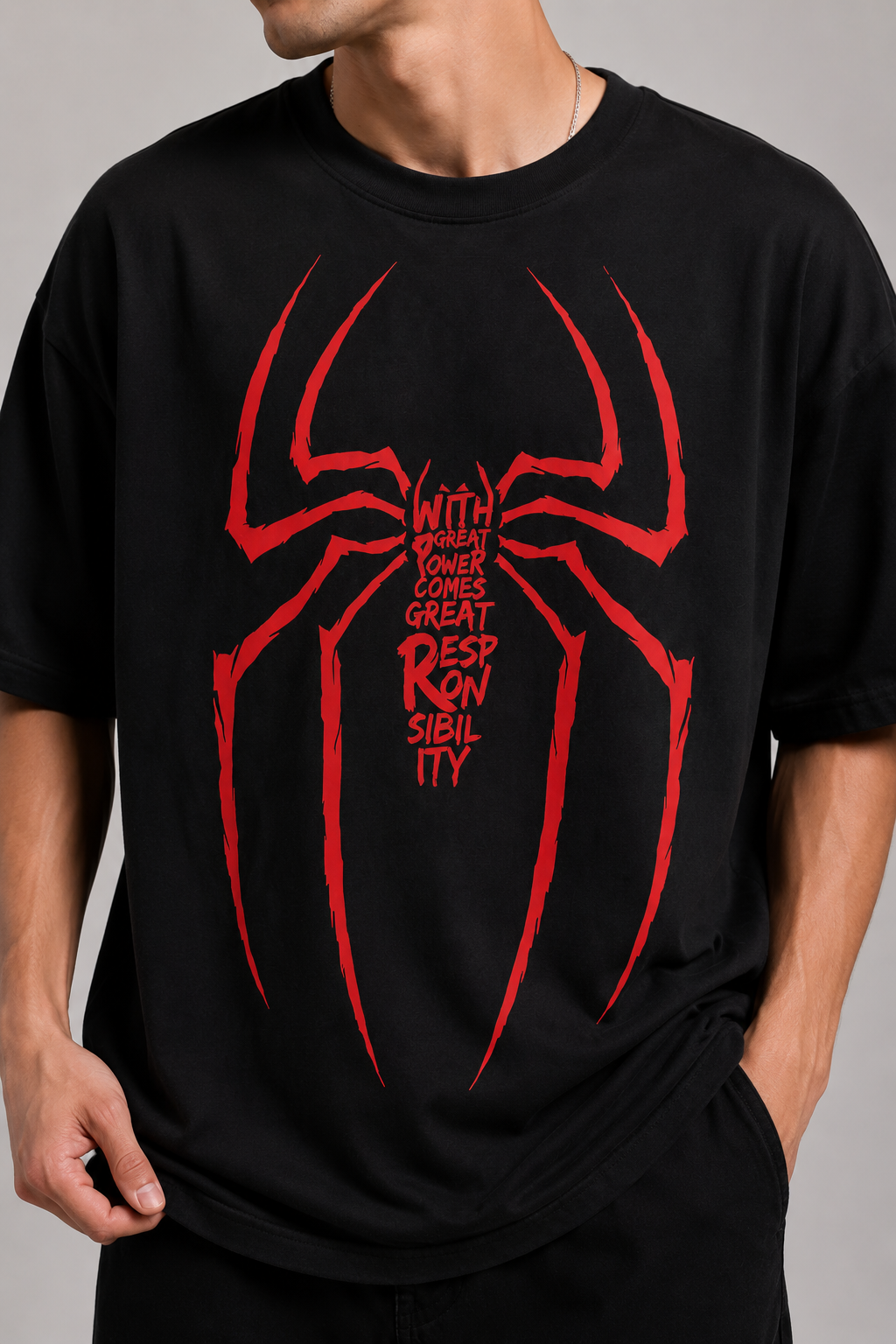 Spider-Man Oversized T-Shirt – Black | With Great Power Graphic Tee | Marvel Inspired Streetwear