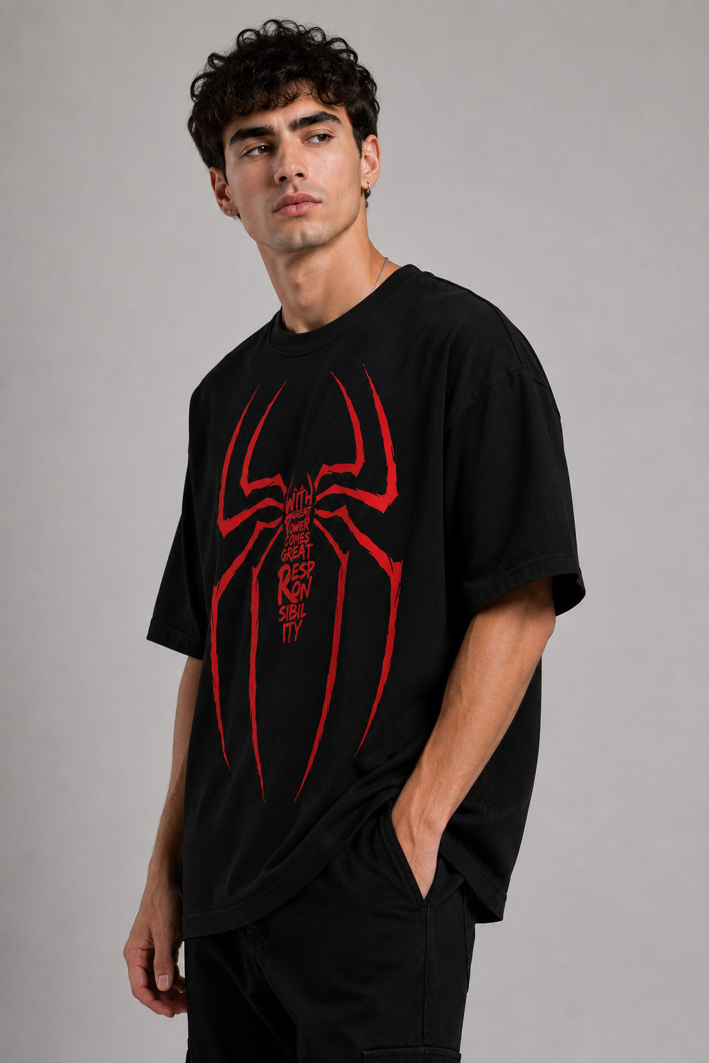 Spider-Man Oversized T-Shirt – Black | With Great Power Graphic Tee | Marvel Inspired Streetwear