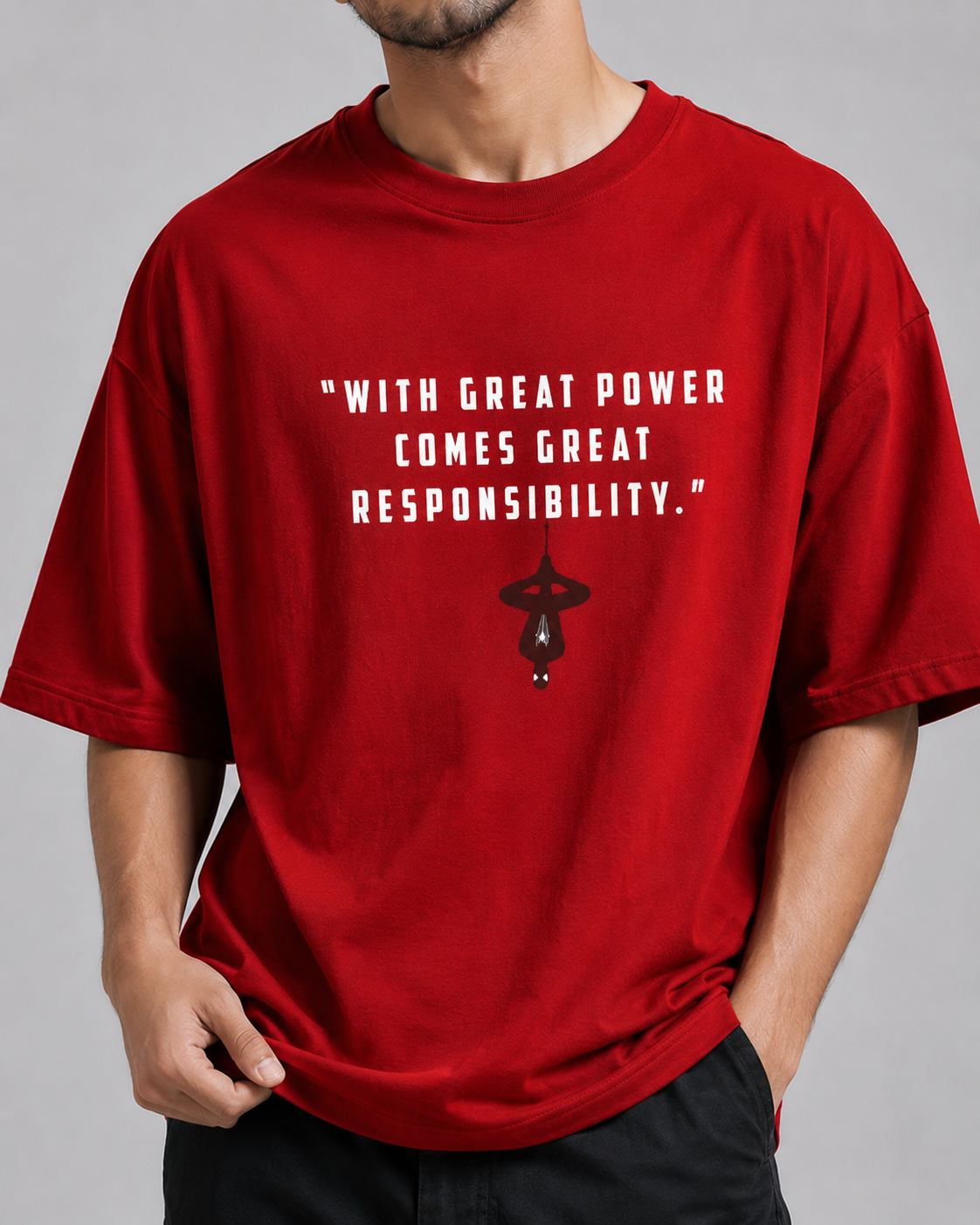 Spider-Man Oversized Red T-Shirt for Men – Marvel Inspired Graphic Streetwear Tee | With Great Power Quote Tshirt
