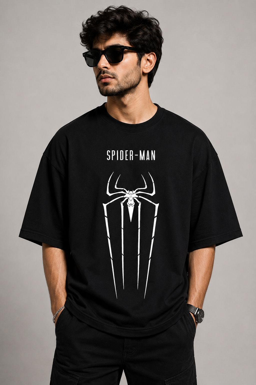 Spider-Man Oversized Black T-Shirt for Men – Minimal Spider Logo Marvel Streetwear Tee | Anime Graphic Tshirt