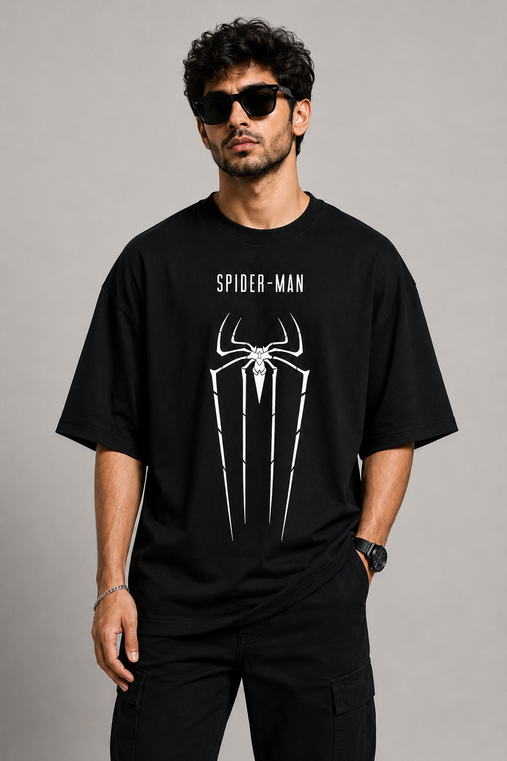 Spider-Man Oversized Black T-Shirt for Men – Minimal Spider Logo Marvel Streetwear Tee | Anime Graphic Tshirt