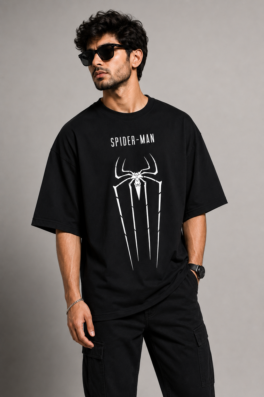 Spider-Man Oversized Black T-Shirt for Men – Minimal Spider Logo Marvel Streetwear Tee | Anime Graphic Tshirt