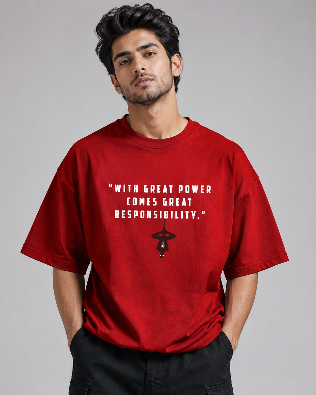 Spider-Man Oversized Red T-Shirt for Men – Marvel Inspired Graphic Streetwear Tee | With Great Power Quote Tshirt