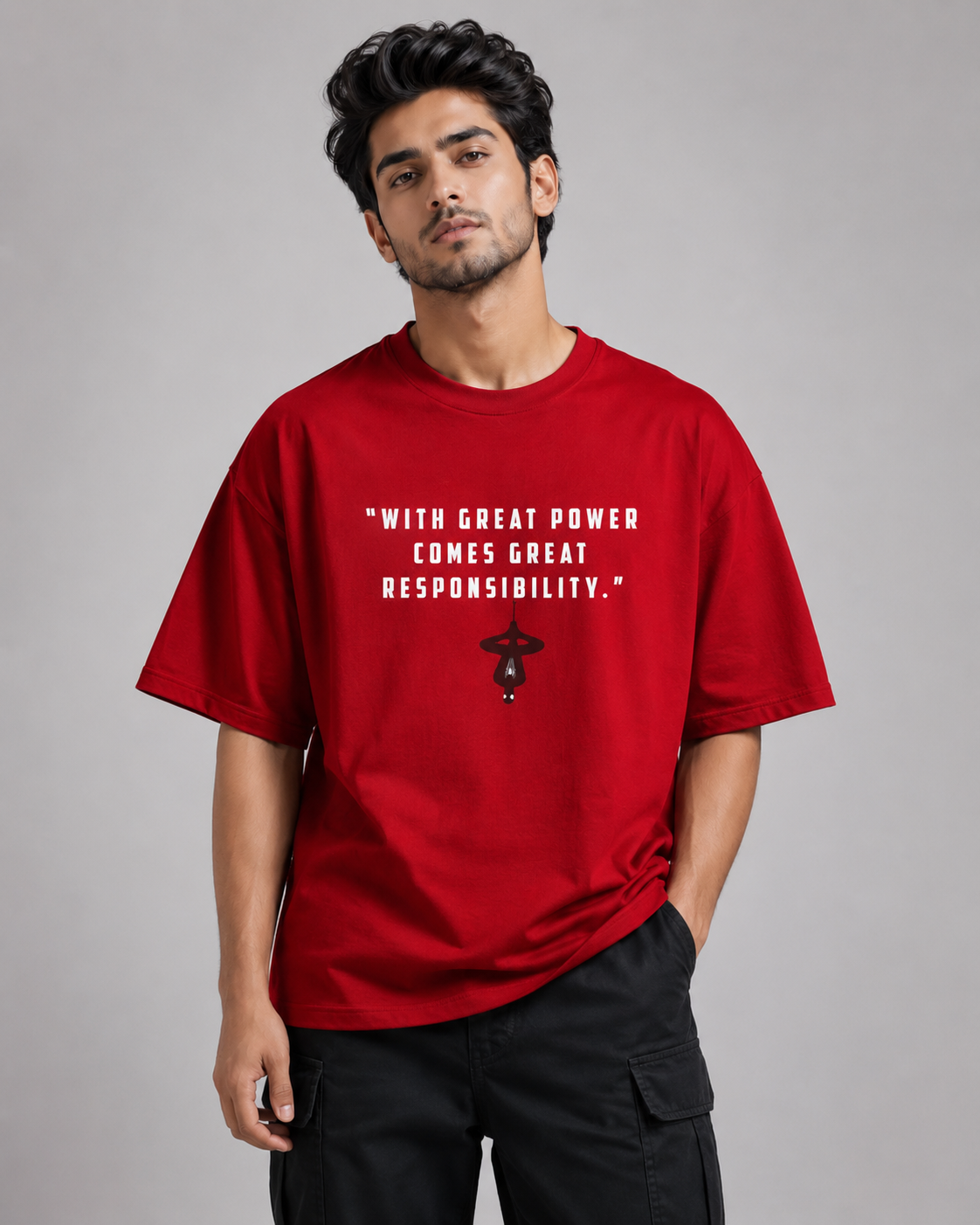 Spider-Man Oversized Red T-Shirt for Men – Marvel Inspired Graphic Streetwear Tee | With Great Power Quote Tshirt