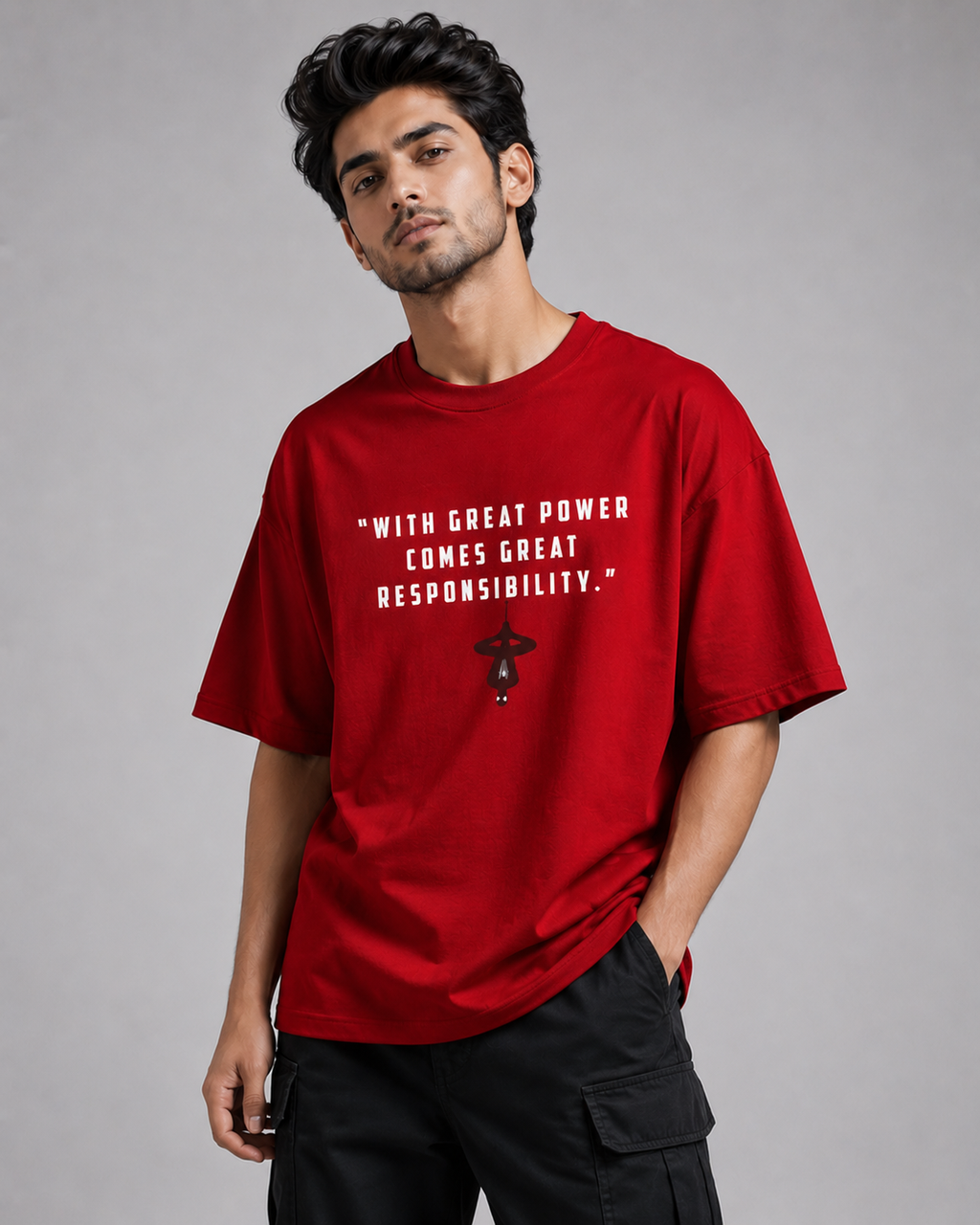 Spider-Man Oversized Red T-Shirt for Men – Marvel Inspired Graphic Streetwear Tee | With Great Power Quote Tshirt