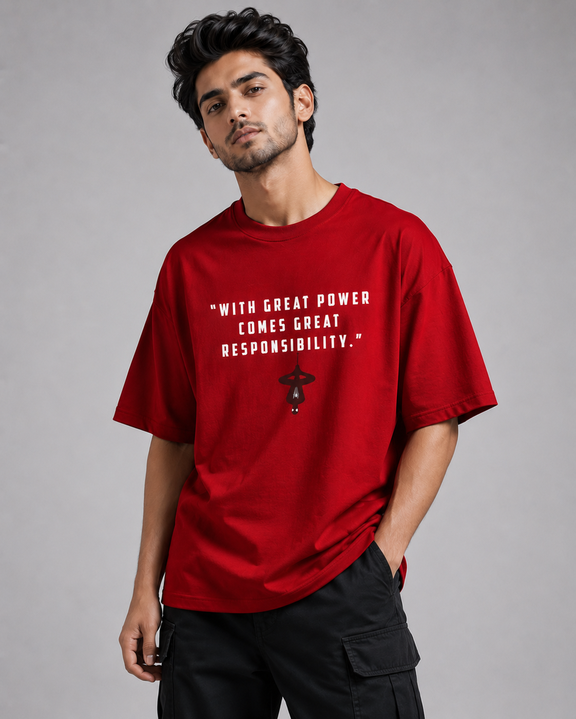 Spider-Man Oversized Red T-Shirt for Men – Marvel Inspired Graphic Streetwear Tee | With Great Power Quote Tshirt