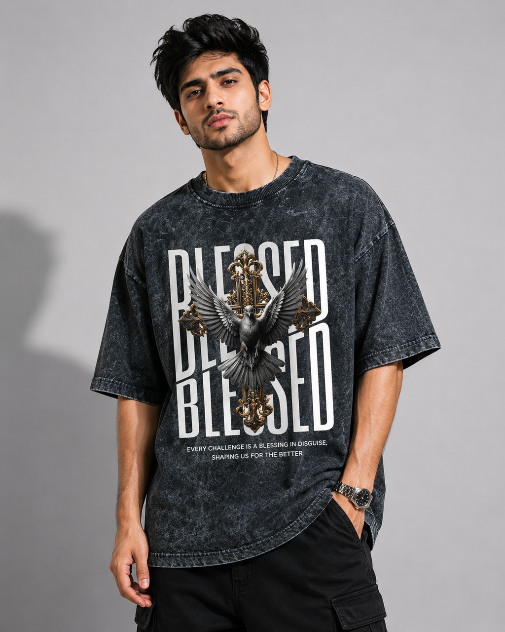 Blessed Dove Acid Wash Oversized T-Shirt – Black | Premium Vintage Streetwear Graphic Tee