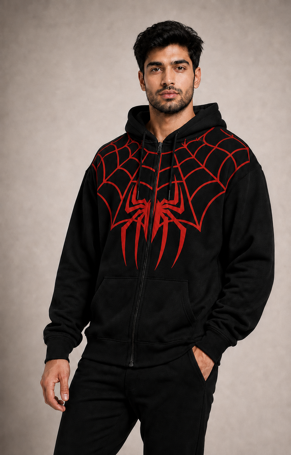 SPIDER WEB UNISEX ZIPPER HOODIE - BLACK | TRENDYVERSE
