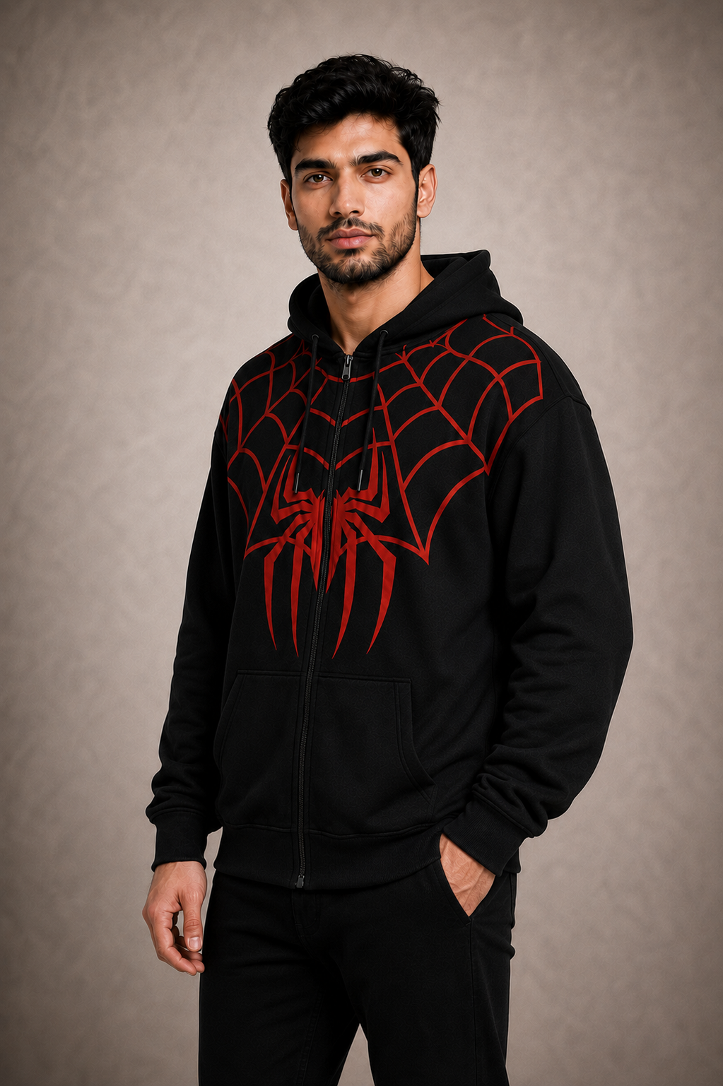 SPIDER WEB UNISEX ZIPPER HOODIE - BLACK | TRENDYVERSE