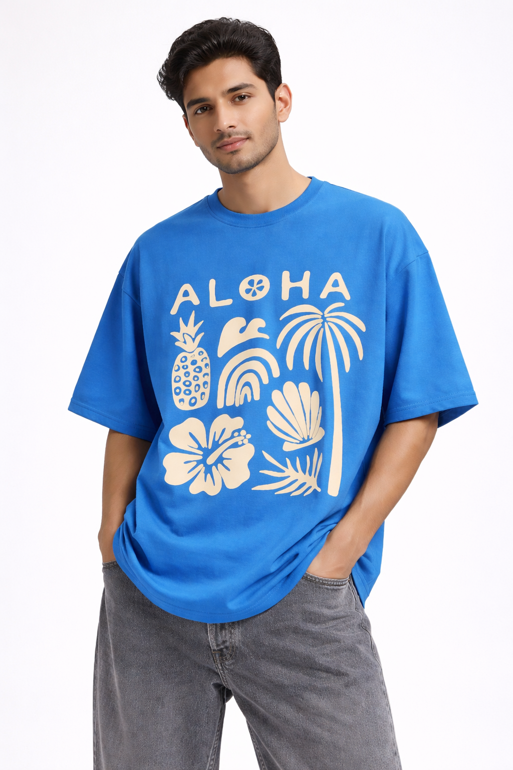 Aloha Tropical Oversized T-Shirt – Ocean Blue Summer Graphic Streetwear Tee