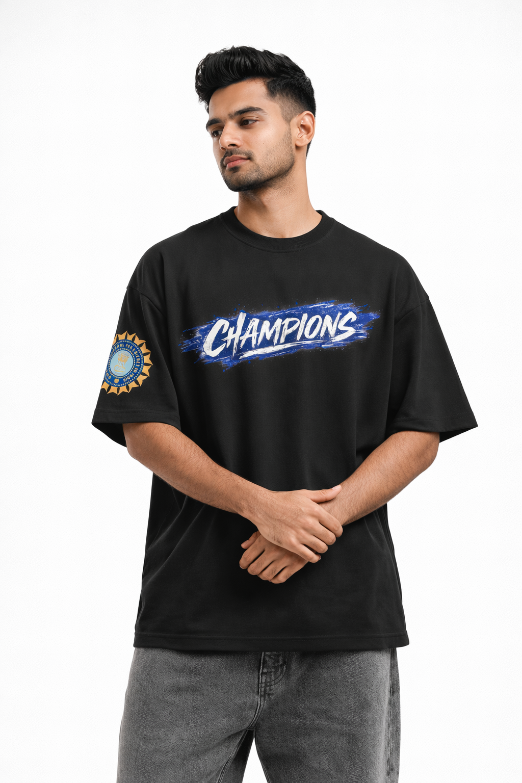 Champions Oversized Black T-Shirt – Indian Cricket Tribute Graphic Tee