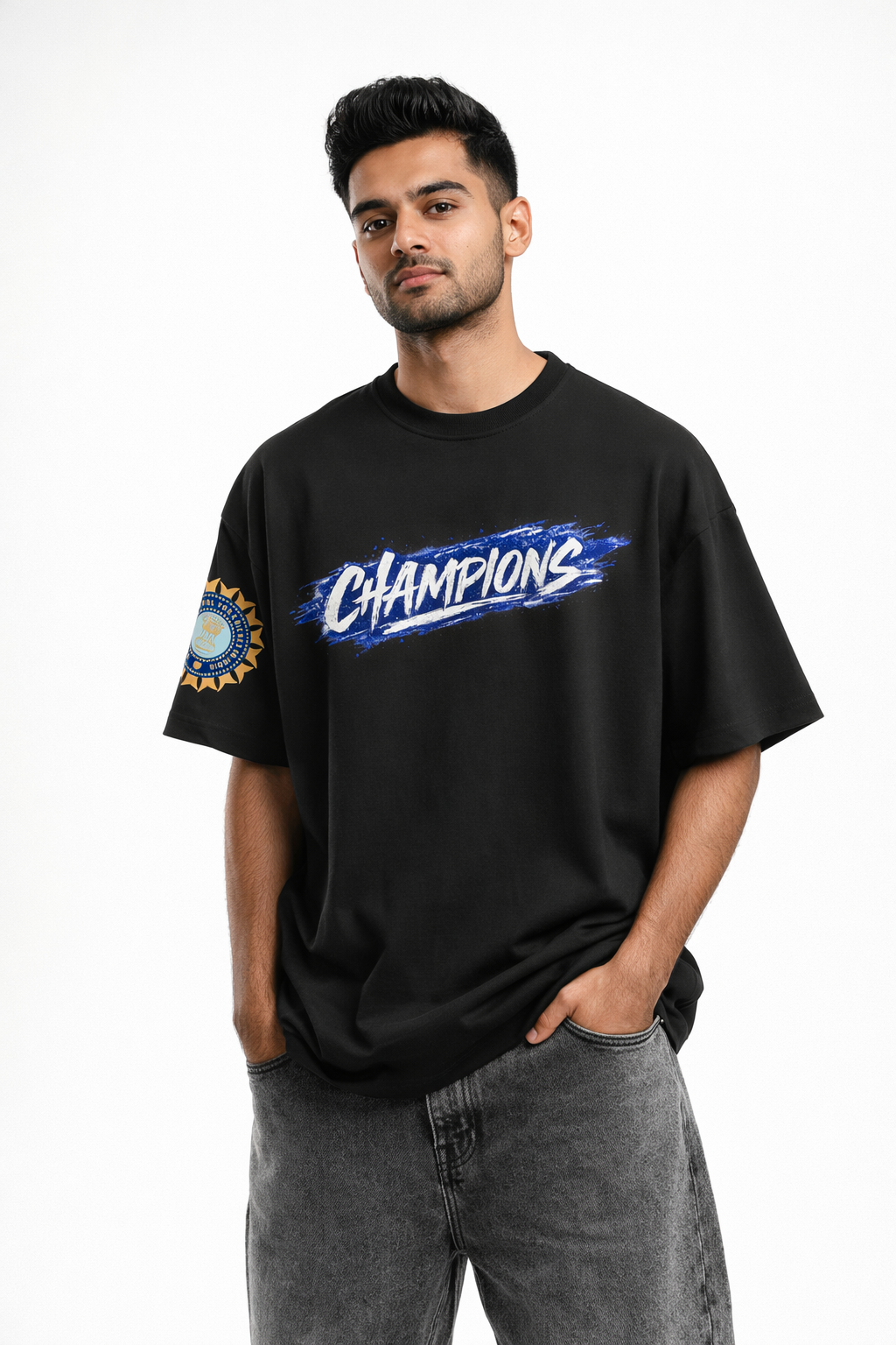Champions Oversized Black T-Shirt – Indian Cricket Tribute Graphic Tee